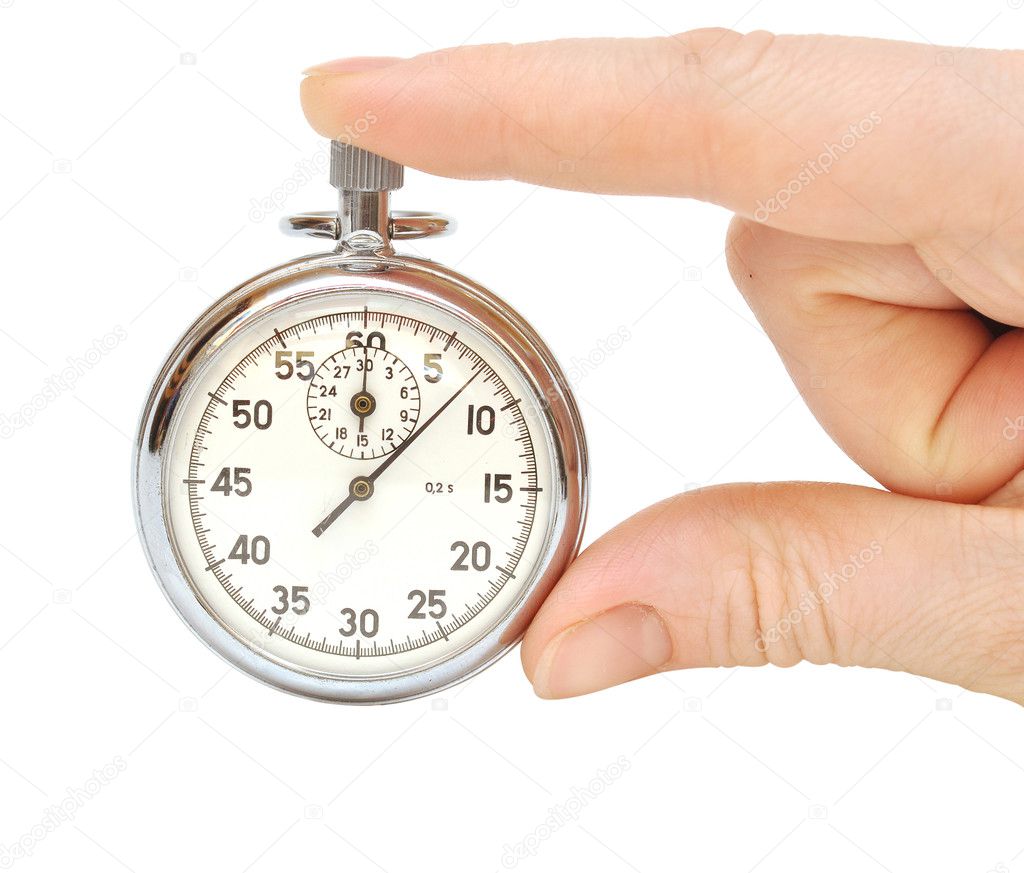 Stopwatch in hand isolated on white background