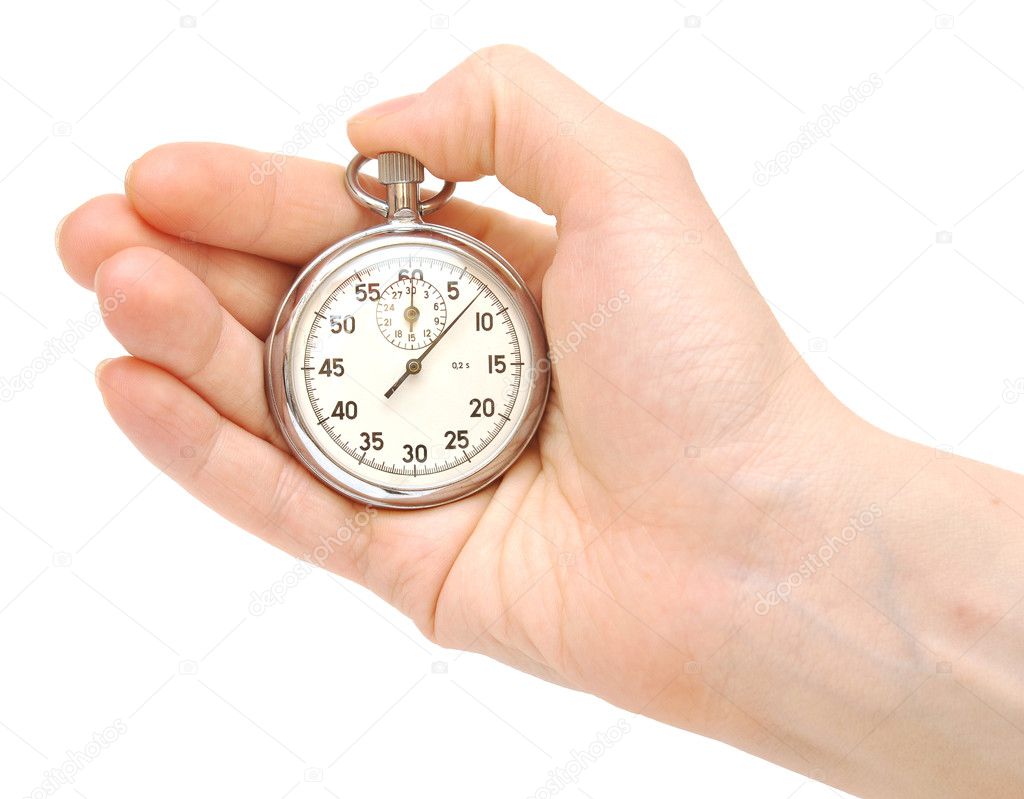 Stopwatch in hand isolated on white background