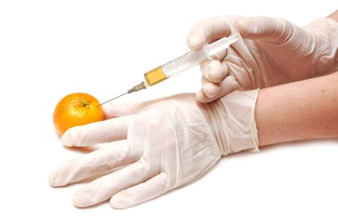 Mandarine gets an orange substance injected from hand with glove clipart