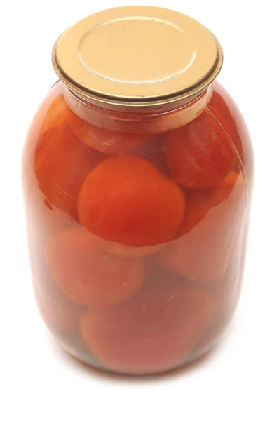 Cam kavanozlarda konserve domates sebze — Stok fotoğraf