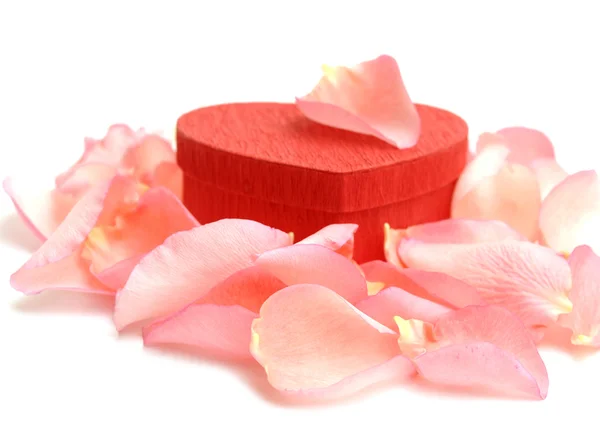 Caixa de presente em forma de coração vermelho com pétalas de rosa — Fotografia de Stock