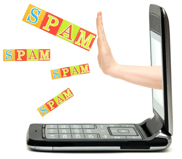 Hand vom Telefon stoppt Spam-Wort — Stockfoto
