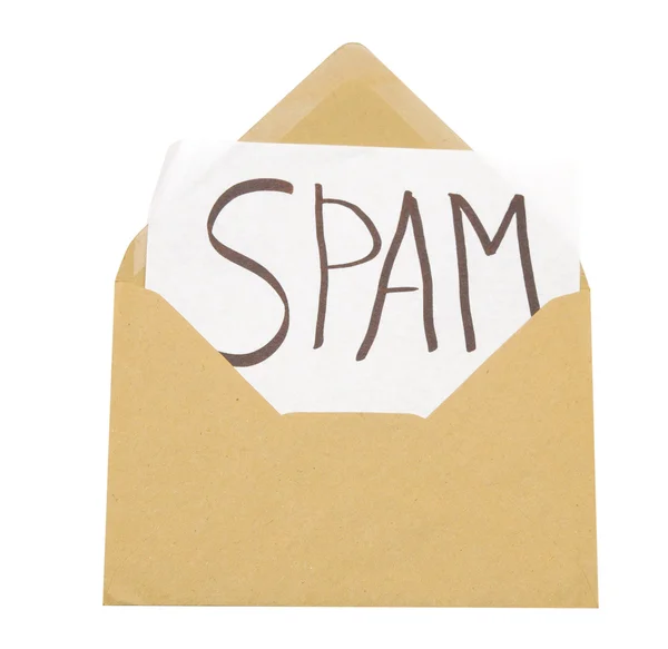 Spam ή το e-mail έννοια με τη λέξη σχετικά με evelope — Φωτογραφία Αρχείου