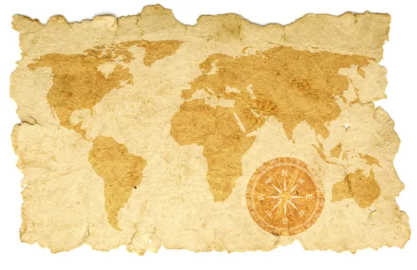 Mappa del mondo con bussola su vecchia carta — Foto Stock