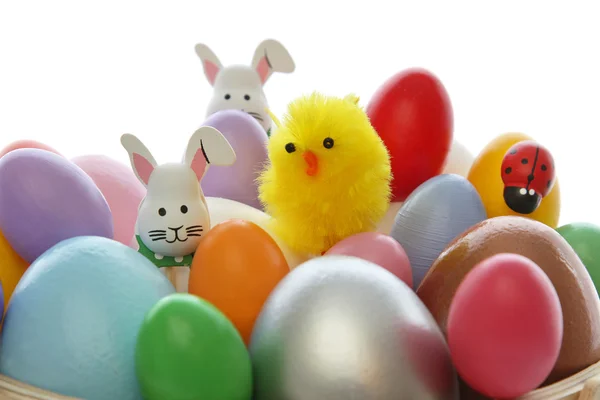 Rabbits, chicken and colorful eggs — Stock Photo, Image