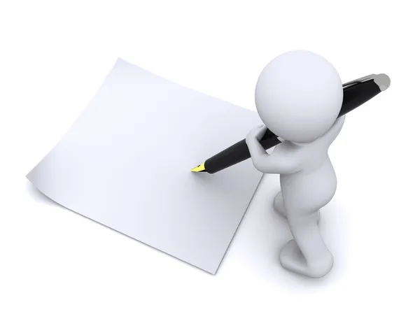 Little 3d character write a card with big pen — Stock Photo, Image