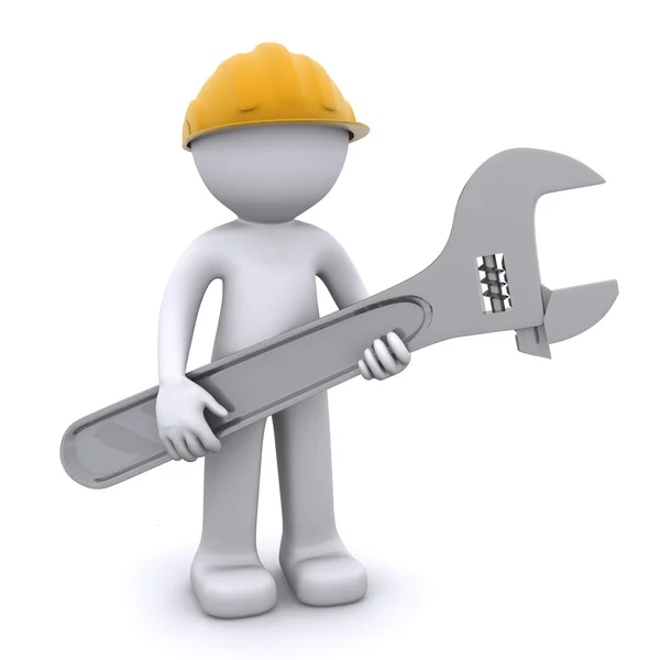 3D construction worker with adjustable wrench — Stock Photo, Image