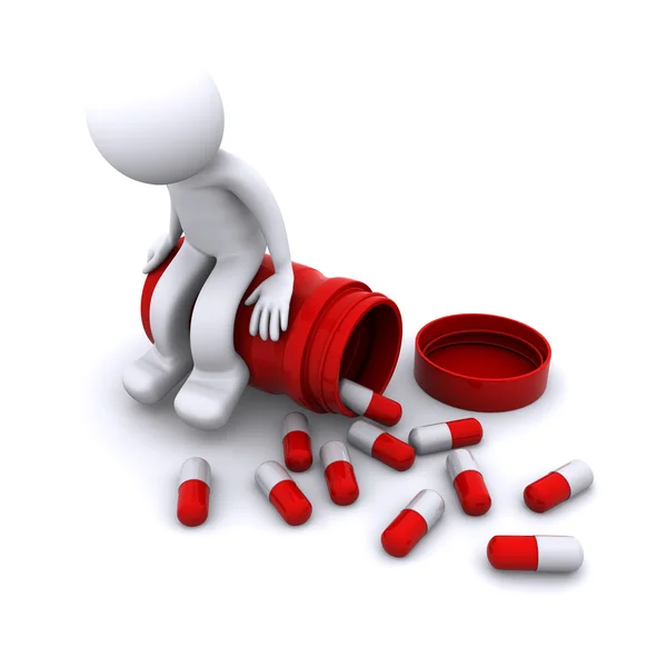 Sjukt 3d-karaktär sitter på piller potten — Stockfoto
