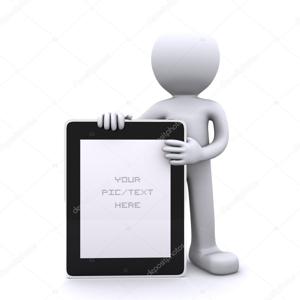3D man holding a blank tablet pc. Advertising concept