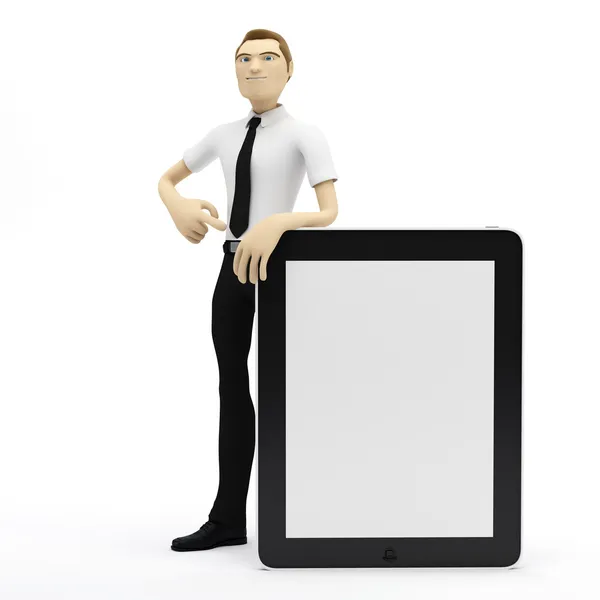 使用空白 tablet pc 的 3d 商人 — 图库照片