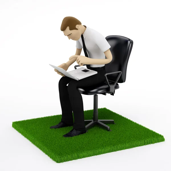 Joven hombre de negocios con un portátil en silla en el pedazo de campo verde —  Fotos de Stock