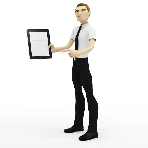 Empresario 3D sosteniendo la tableta en blanco pc —  Fotos de Stock
