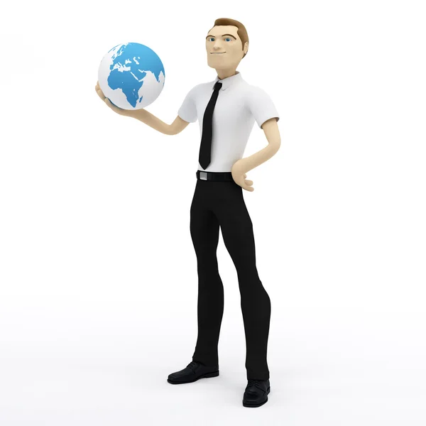 Homem de negócios 3D segurando globo terrestre em sua mão — Fotografia de Stock