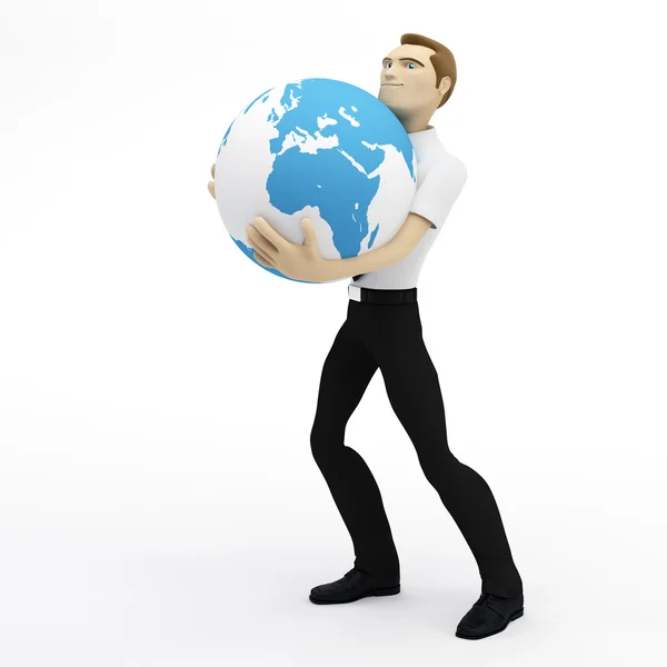 3D homem de negócios segurando lhuge globo terrestre — Fotografia de Stock