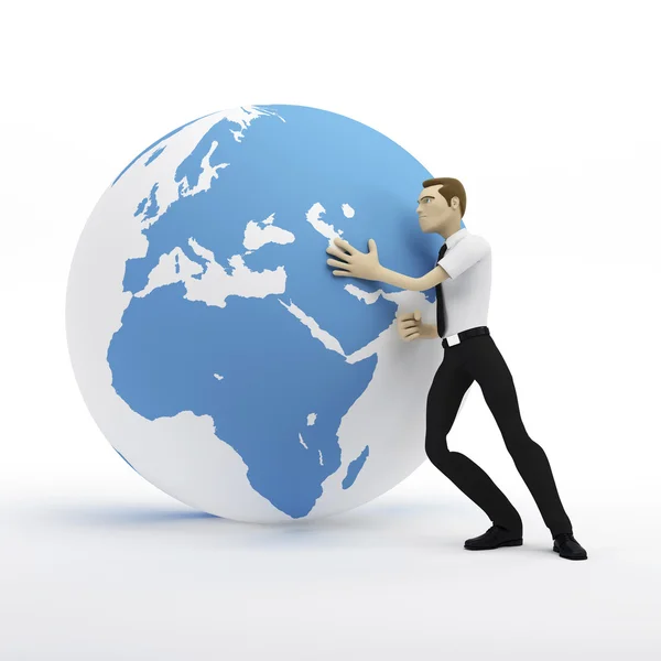 3d businessman pushing earth globe — Stock Photo, Image