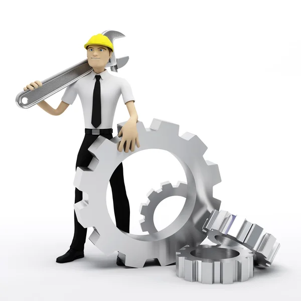 Βιομηχανική εργαζόμενος με γαλλικό κλειδί και εργαλεία. εννοιολογική απεικόνιση — Φωτογραφία Αρχείου
