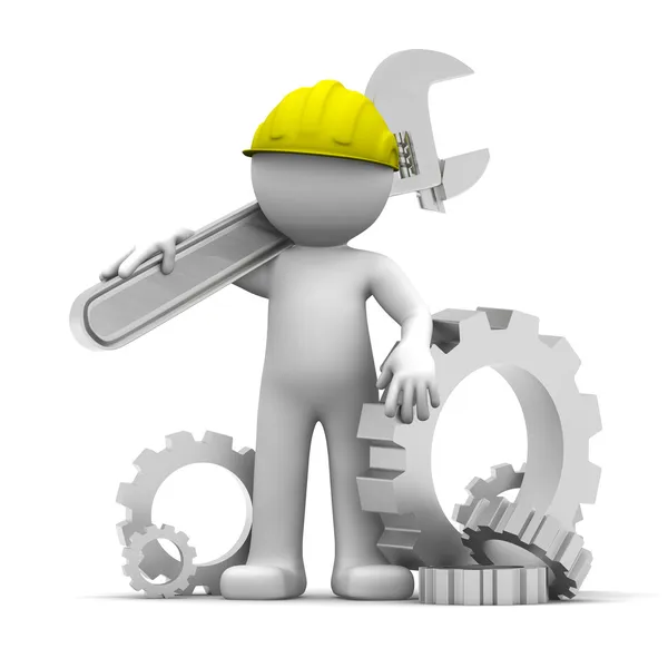 3D przemysłowych pracownika z klucza i narzędzi. koncepcyjna ilustracja — Zdjęcie stockowe