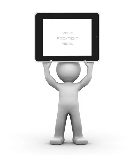 Personagem 3D segurando um tablet em branco pc. Conceito de publicidade . — Fotografia de Stock