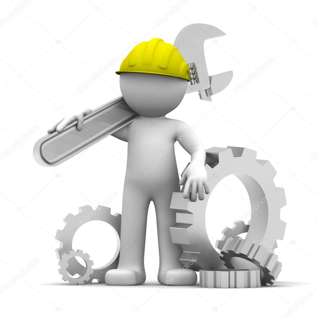3D Industrial worker with wrench and gears. Conceptual illustration