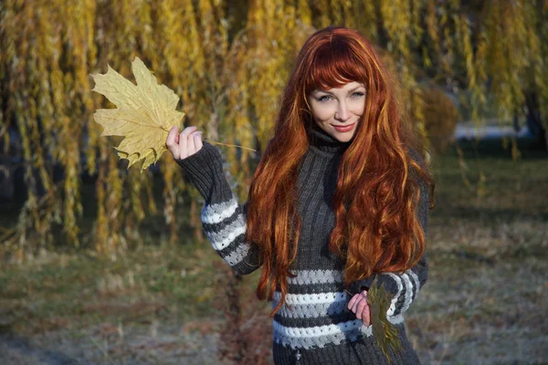 Όμορφη κοπέλα με λαμπερά μαλλιά. φθινόπωρο. — Φωτογραφία Αρχείου
