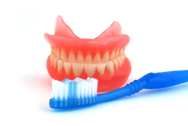 Dentiere e spazzolino da denti — Foto Stock