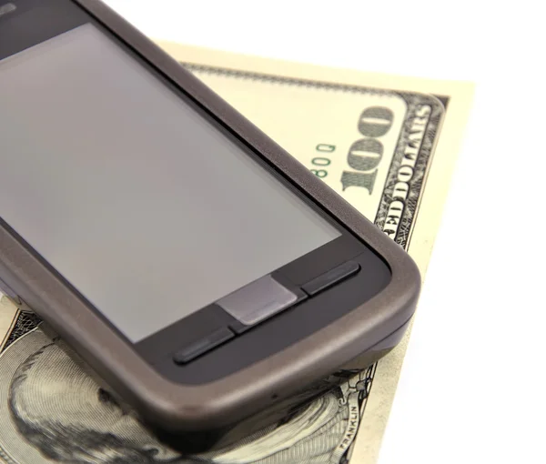 Teléfono móvil con pantalla táctil y dólar — Foto de Stock