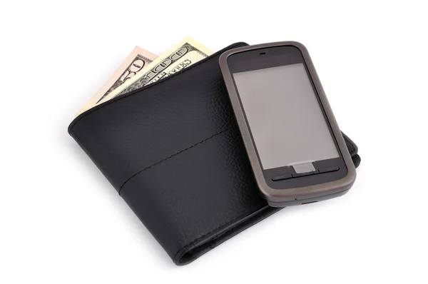 Ekran dotykowy telefon komórkowy i dolarów — Zdjęcie stockowe