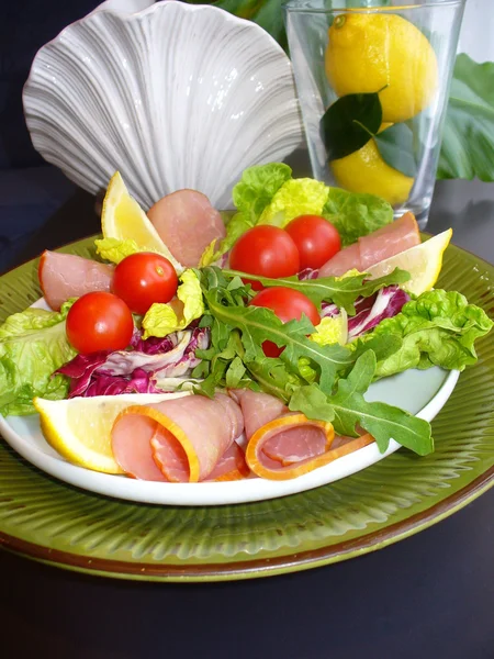 Salad Meat Lemon Vegetables — Stock Photo, Image