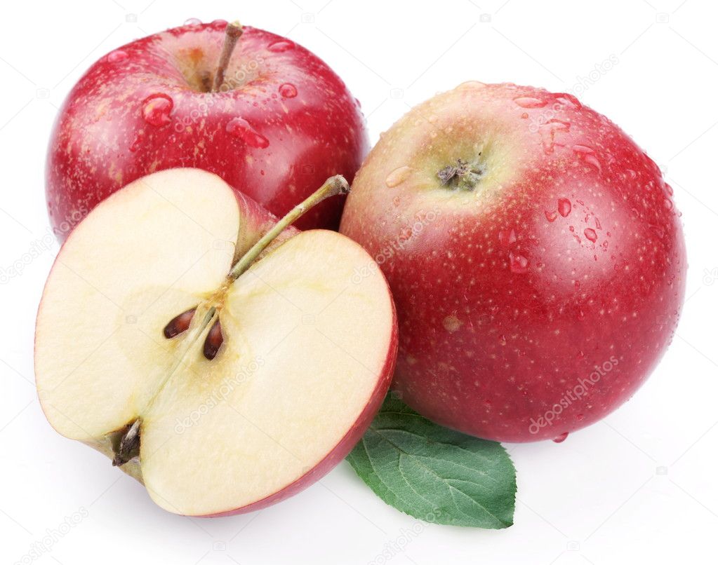 Two red apple with leaf and half of apple. — Stock Photo ...