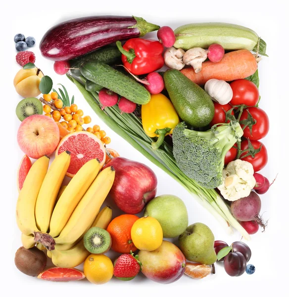 Frutas y verduras en un cuadrado sobre un fondo blanco — Foto de Stock