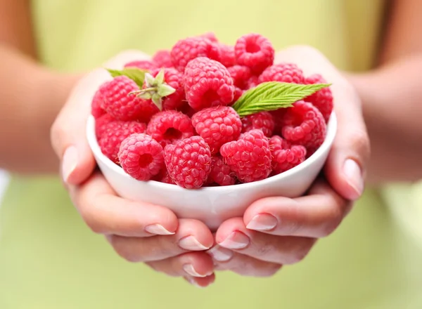 Crockery with raspberries in woman hands. — Stock Photo, Image