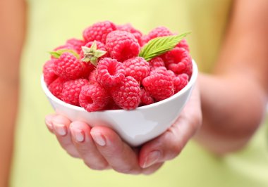 Crockery with raspberries in woman hand. clipart