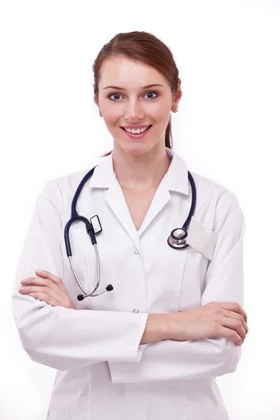 Porträt einer positiven jungen Ärztin (Frau). isoliert auf einem weißen b — Stockfoto