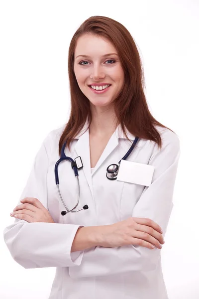 Portret van positieve jonge dokter (vrouw). Geïsoleerd op een witte b — Stockfoto