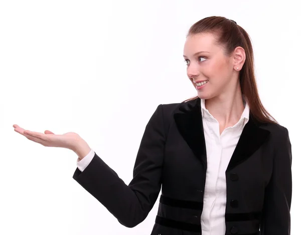Geschäftsfrau zeigt leere Hand. isoliert auf weißem Hintergrund. — Stockfoto