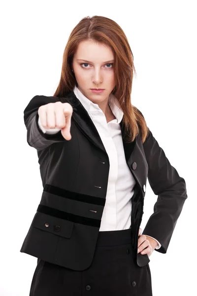 Angry woman points to (as if she's aiming) — Stock Photo, Image