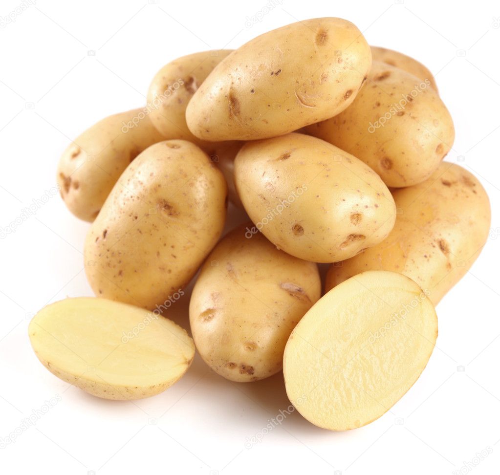 Yellow potatoes with section on a white background