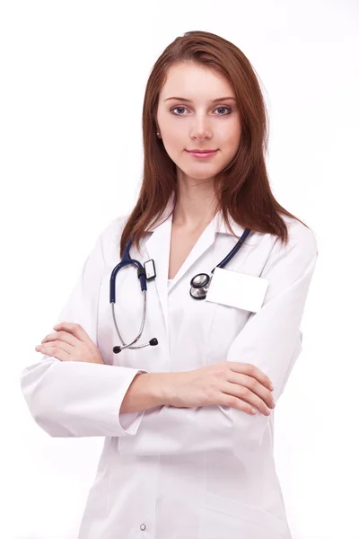 Portret Van Positieve Jonge Dokter Vrouw Geïsoleerd Een Witte Achtergrond — Stockfoto