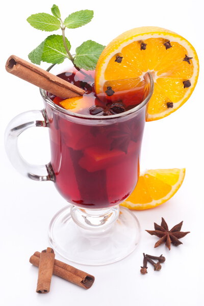 Glass of mulled wine on a white background