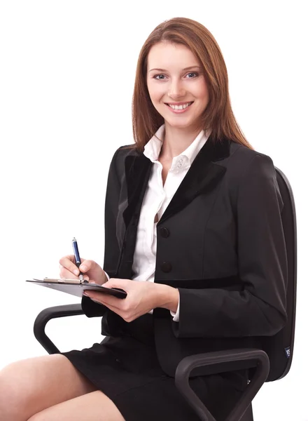 Portrét Ženy Sedí Židli Writiing Papíře Izolované Bílém Pozadí Stock Fotografie