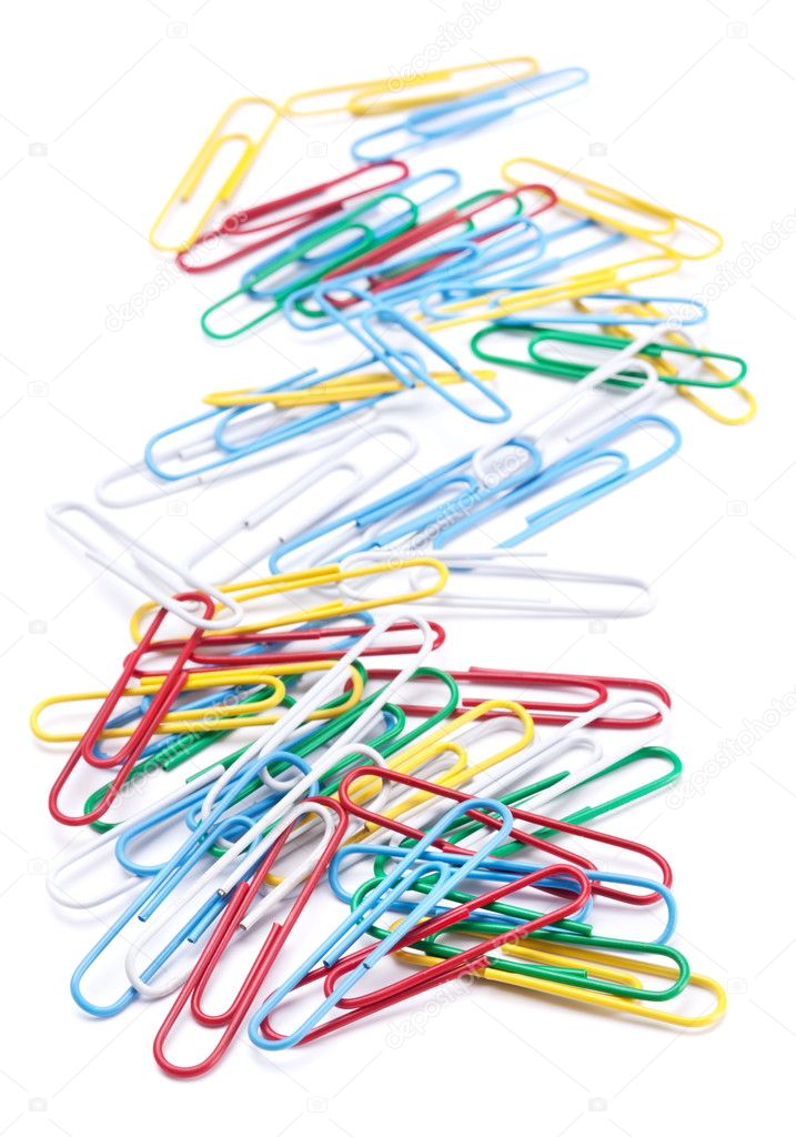 Group of colored paper clips. Isolated on a white background.