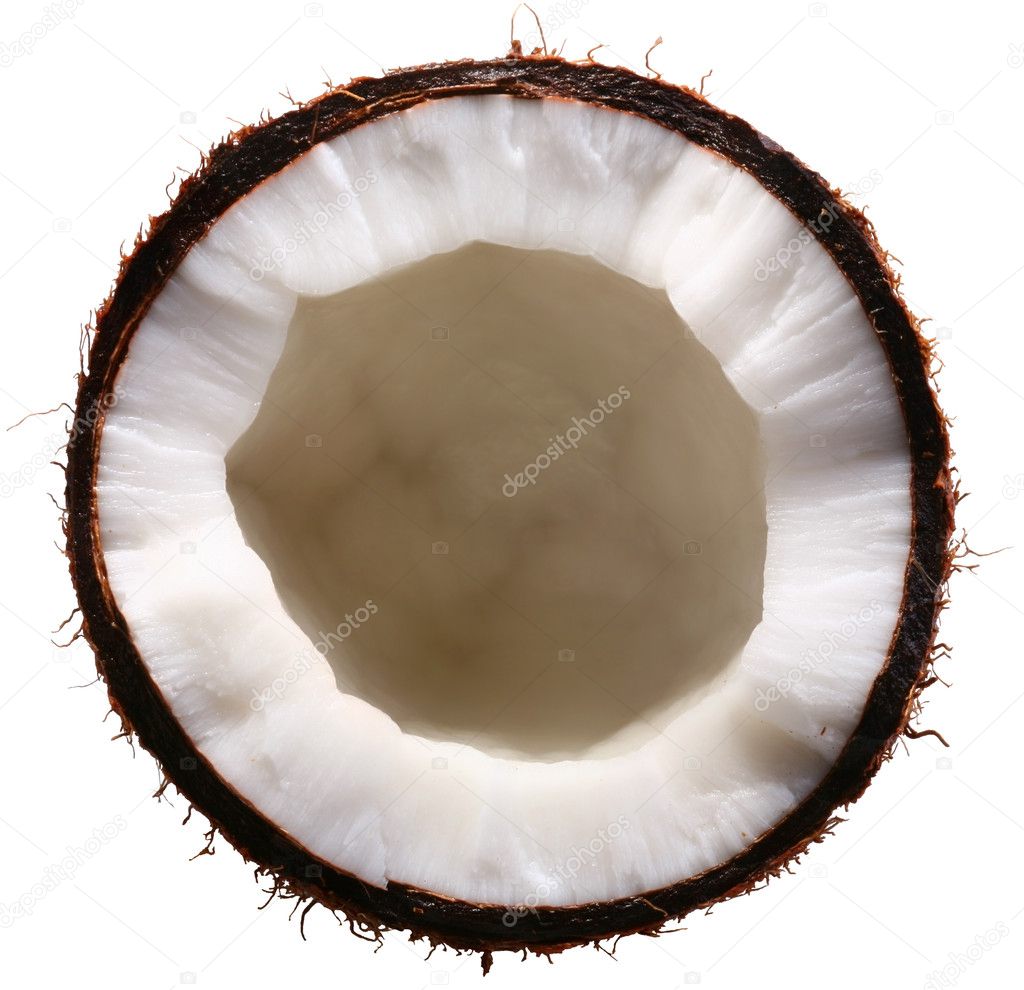 Half of the coconut is isolated on a white background. File contains a clipping paths.