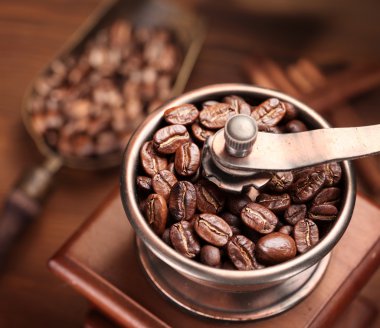 Roasted coffee beans in a coffee grinder. clipart