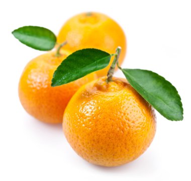 Image of a ripe tangerine with leaves on white background. clipart