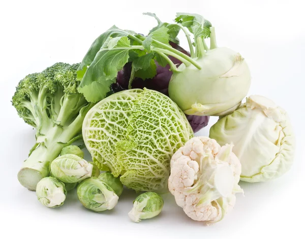 Kolekce různých odrůd zelí na bílé poz — Stock fotografie