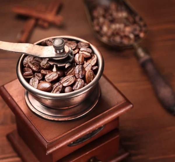 Gebrande koffiebonen in een koffiemolen. — Stockfoto