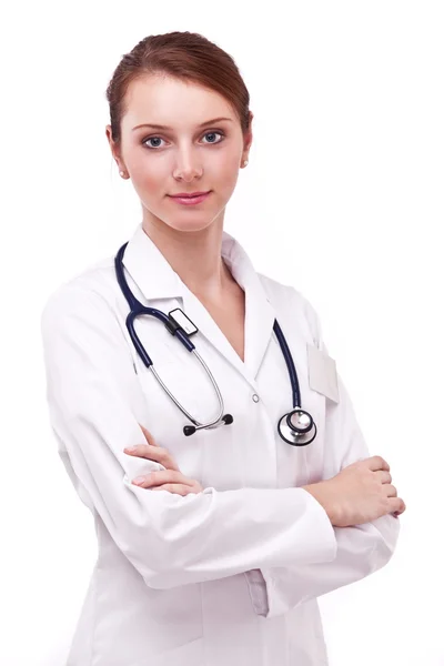 Portret van positieve jonge dokter (vrouw). Geïsoleerd op een witte b — Stockfoto