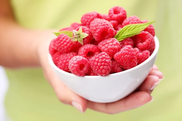 Crockery with raspberries in woman hand. — Stock Photo, Image