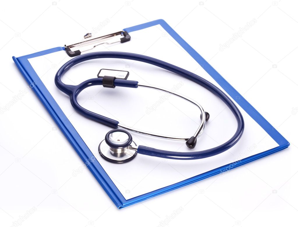 Medical stethoscope with a clipboard on a white background.