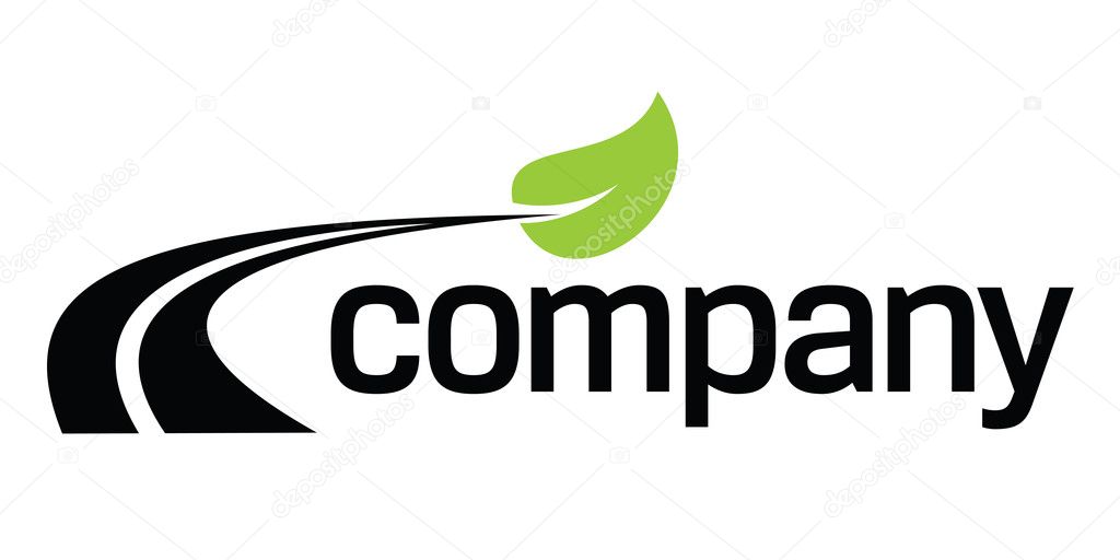 Curvy road and green leaf for eco transport company logo design.